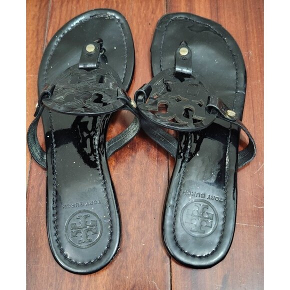 Tory Burch Miller Sandals Black Patent Leather Logo Thong Flip Flops Women Sze 9 - Picture 7 of 14